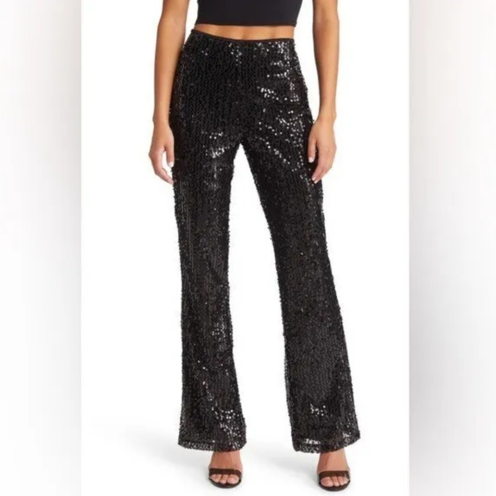 Open edit black sequin pull-on pants flare
